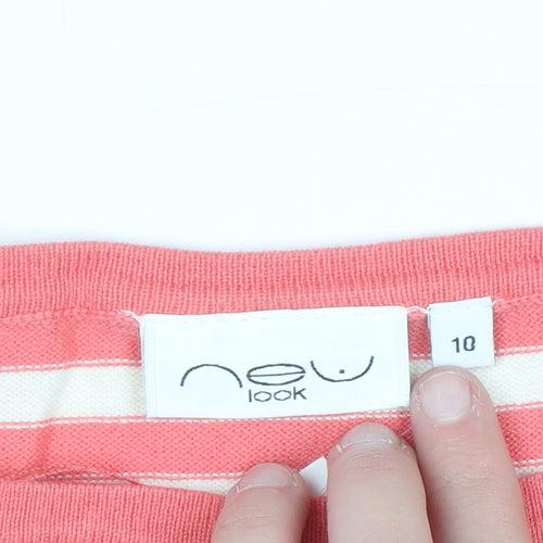 New Look Women Pink Striped Bow Short Sleeve Knit Jumper Size 10