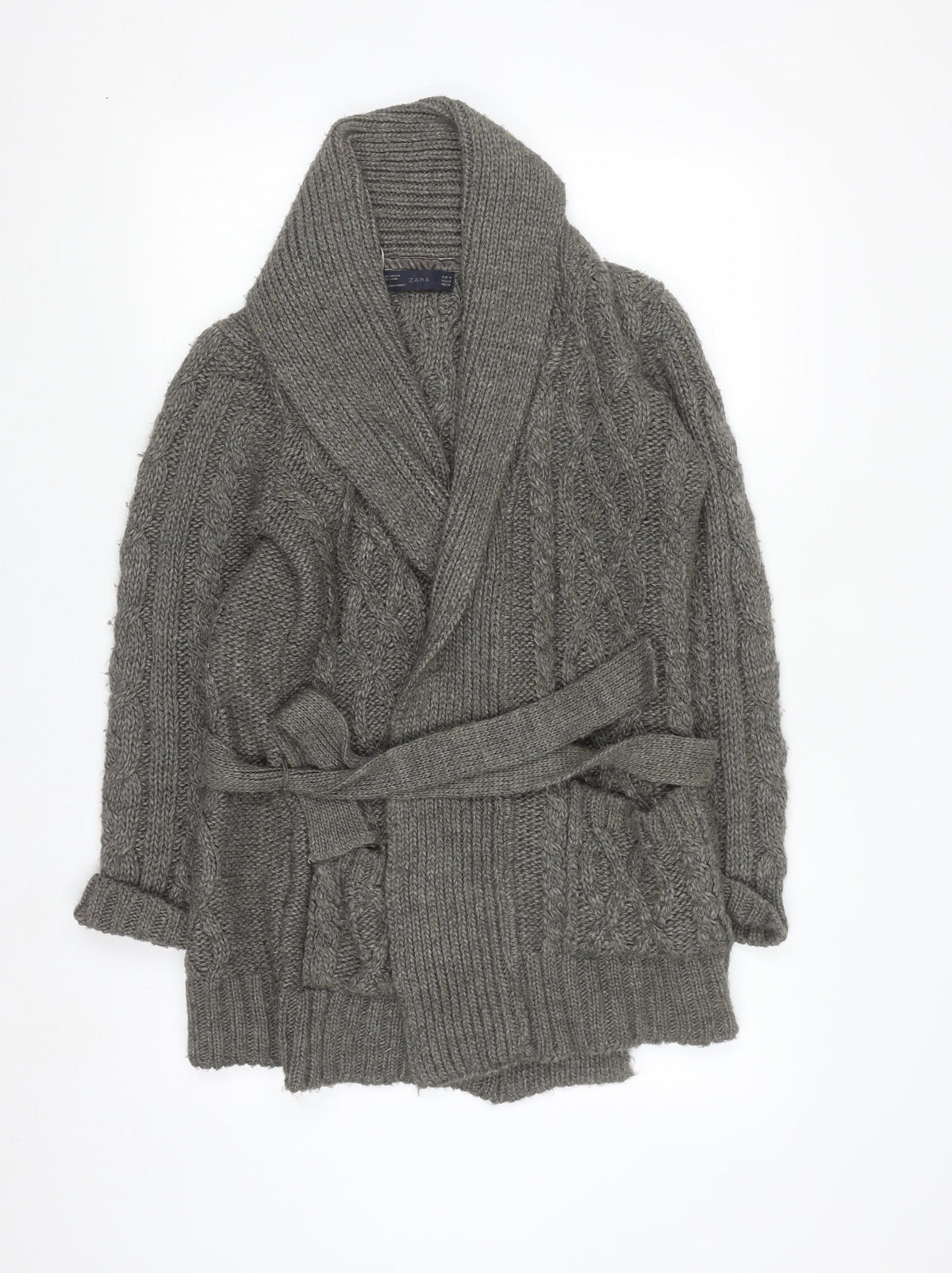 ZARA Women Grey Chunky Knit Belted Cardigan Size 12