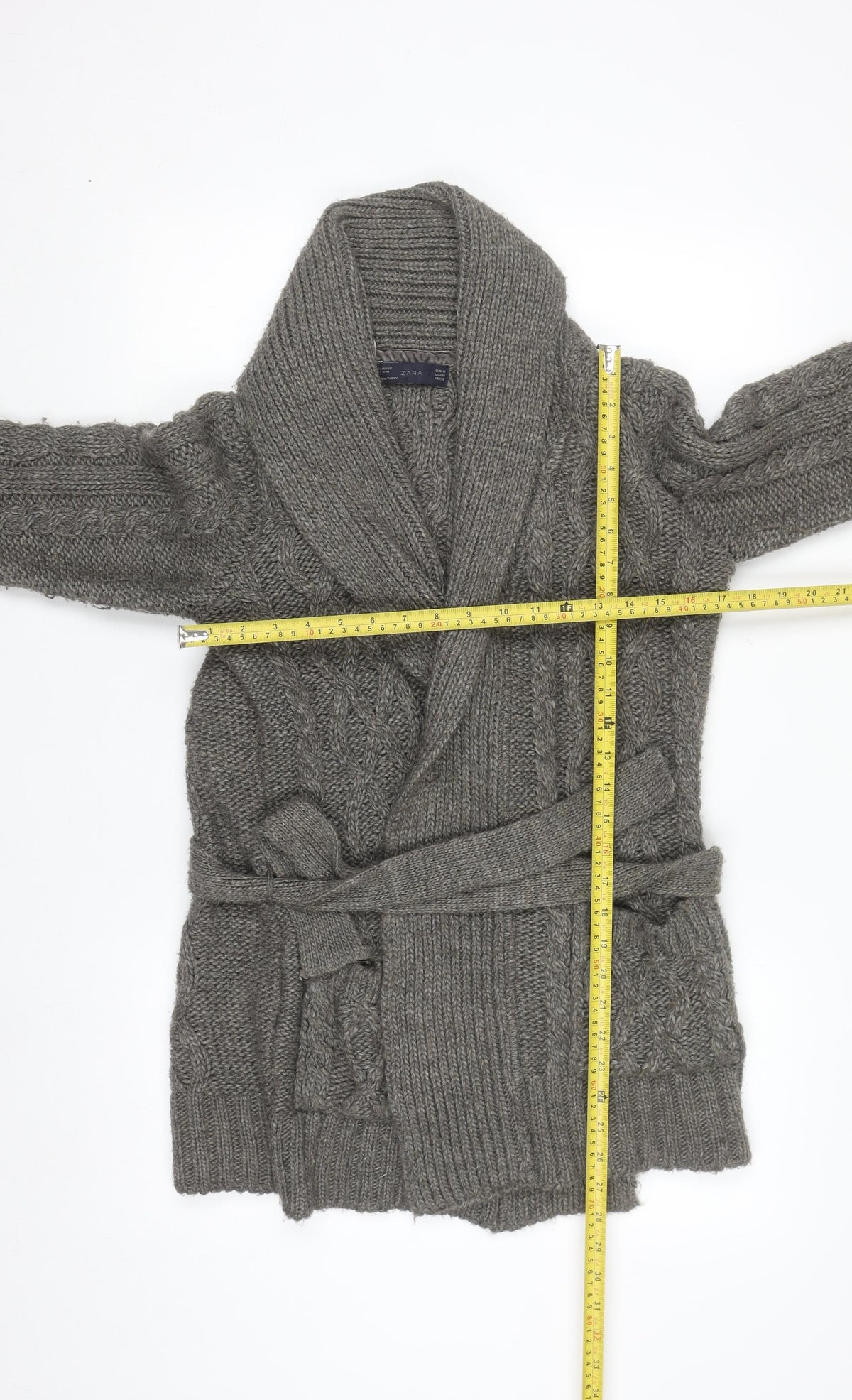 ZARA Women Grey Chunky Knit Belted Cardigan Size 12