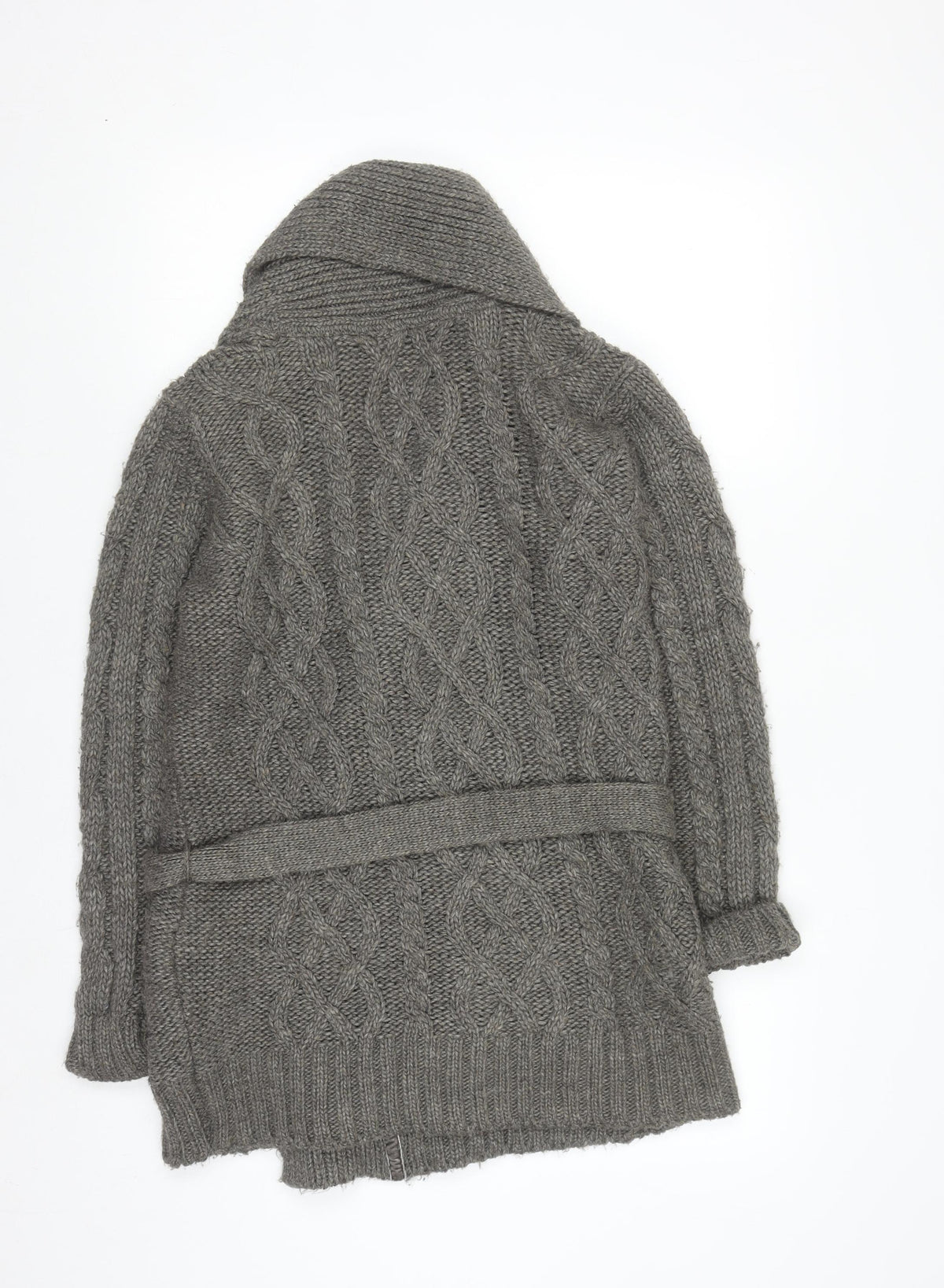 ZARA Women Grey Chunky Knit Belted Cardigan Size 12