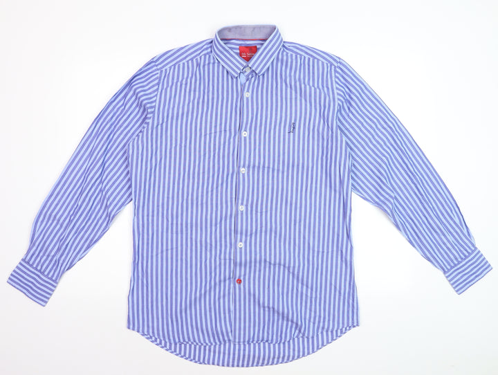 6th Sense Men's Blue Striped Long Sleeve 100% Cotton Dress Shirt M