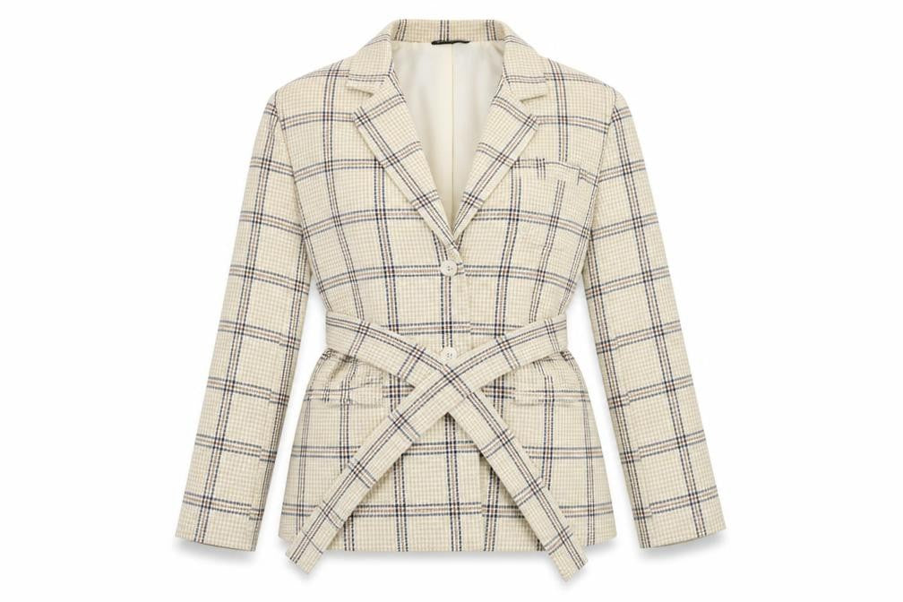 Front view of PRETTYLITTLETHING Women Beige Check Belted Blazer UK 6