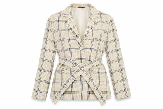 Front view of PRETTYLITTLETHING Women Beige Check Belted Blazer UK 6