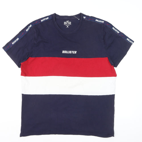 Hollister Men's Navy Red White Stripe Crew Neck Cotton T-Shirt XL