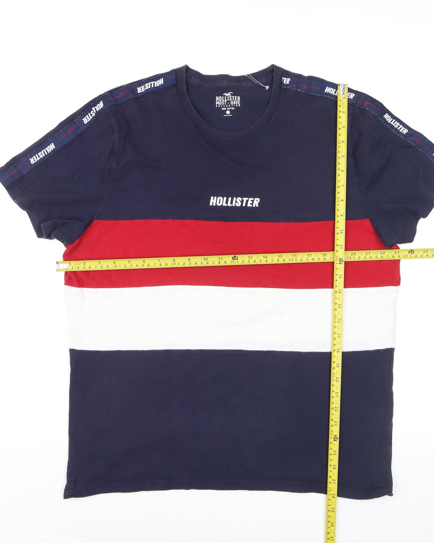 Hollister Men's Navy Red White Stripe Crew Neck Cotton T-Shirt XL