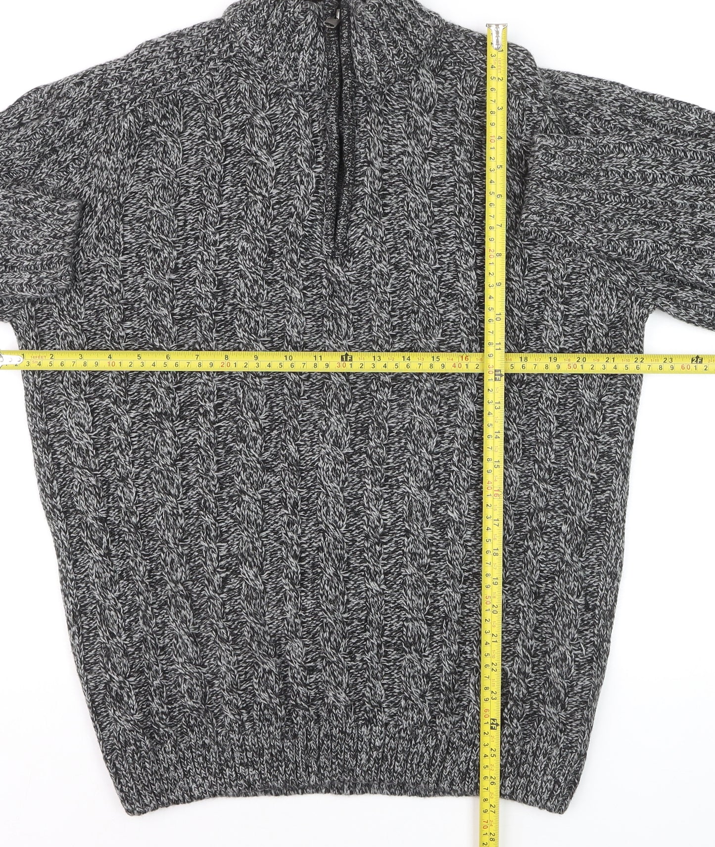 Xact Men's Grey Cable-Knit 1/4 Zip High Neck Jumper Size L