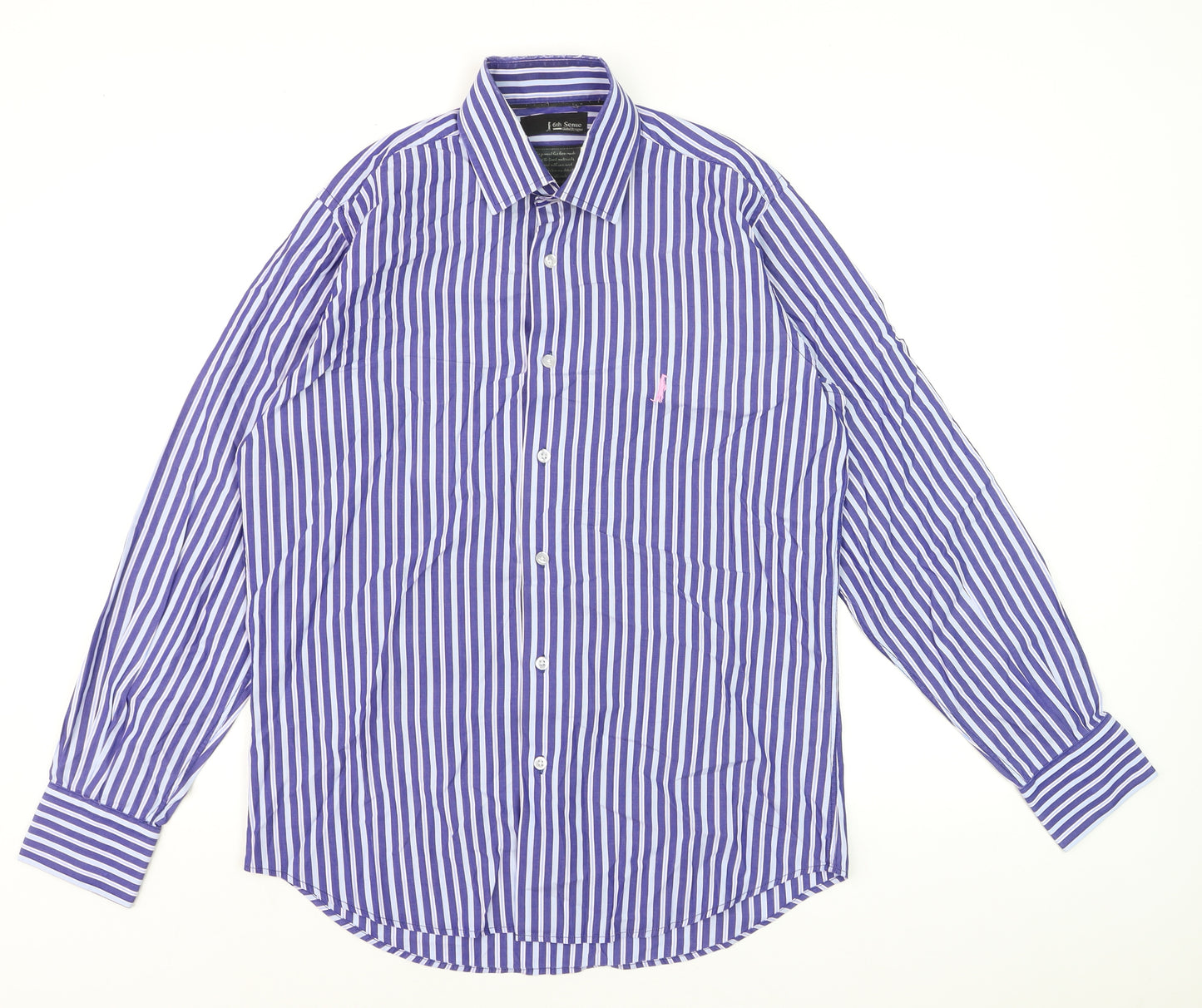 6th Sense Men's Blue Striped Long Sleeve Cotton Dress Shirt Medium
