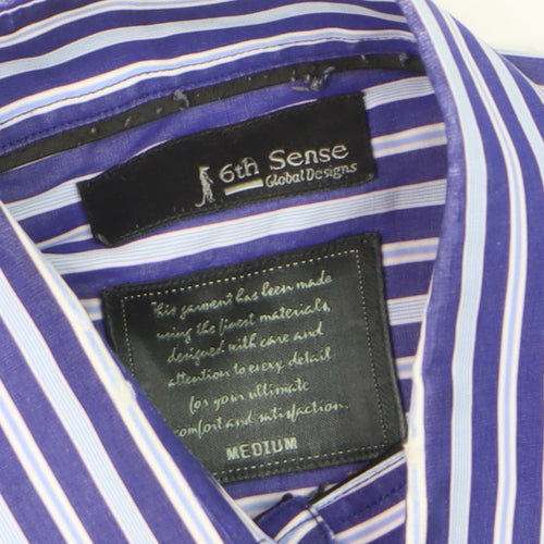 6th Sense Men's Blue Striped Long Sleeve Cotton Dress Shirt Medium