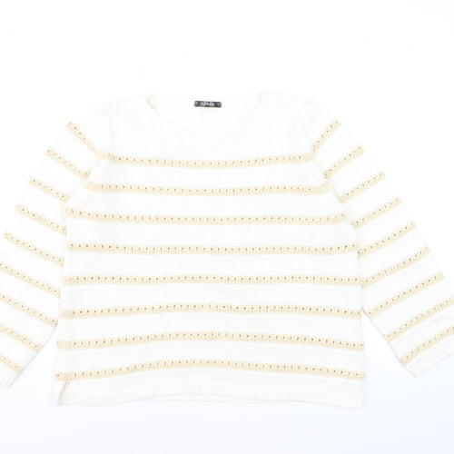Dunnes Women Ivory Striped Cotton Knit Crew Neck Jumper Size L