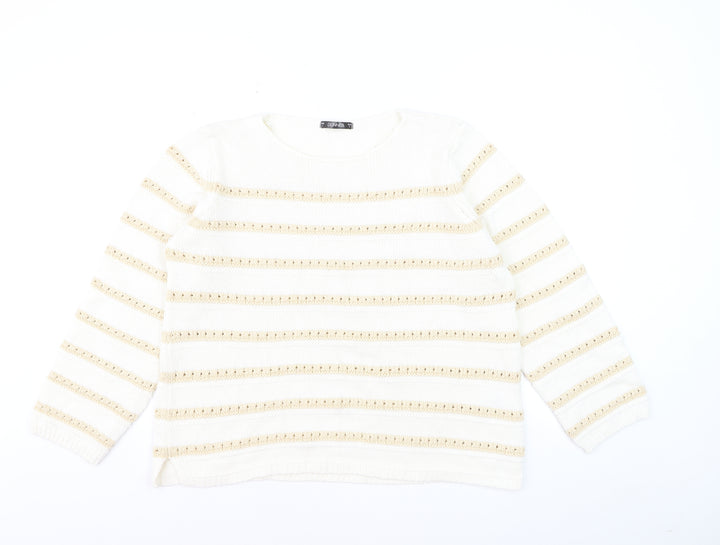 Dunnes Women Ivory Striped Cotton Knit Crew Neck Jumper Size L
