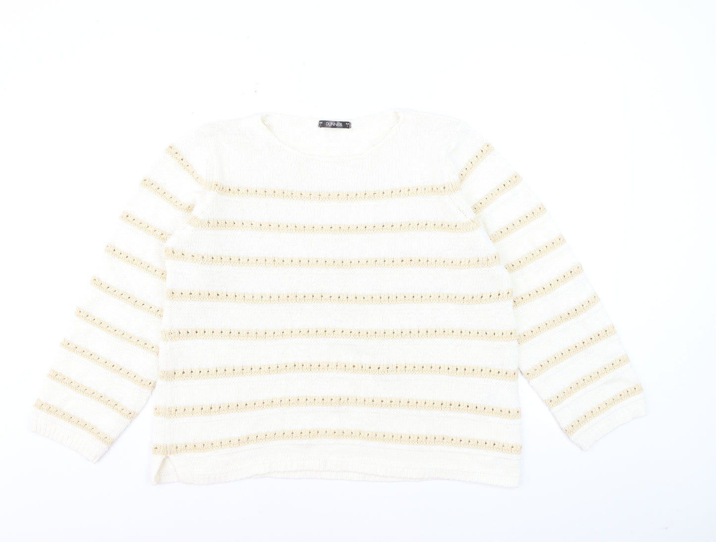Dunnes Women Ivory Striped Cotton Knit Crew Neck Jumper Size L