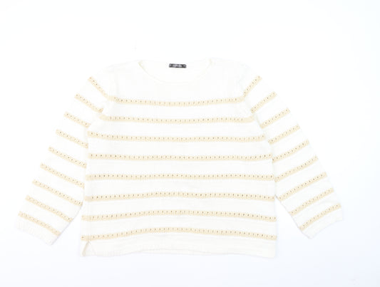 Dunnes Women Ivory Striped Cotton Knit Crew Neck Jumper Size L
