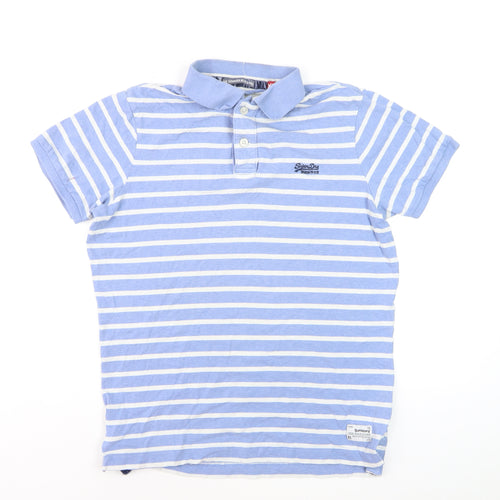 Superdry Men's Blue White Striped Polo Shirt XL Cotton Casual