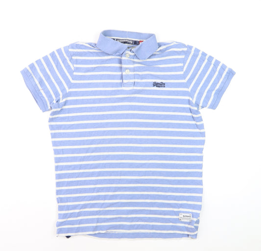 Superdry Men's Blue White Striped Polo Shirt XL Cotton Casual