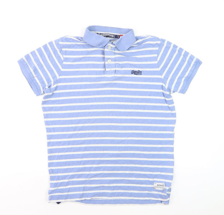 Superdry Men's Blue White Striped Polo Shirt XL Cotton Casual