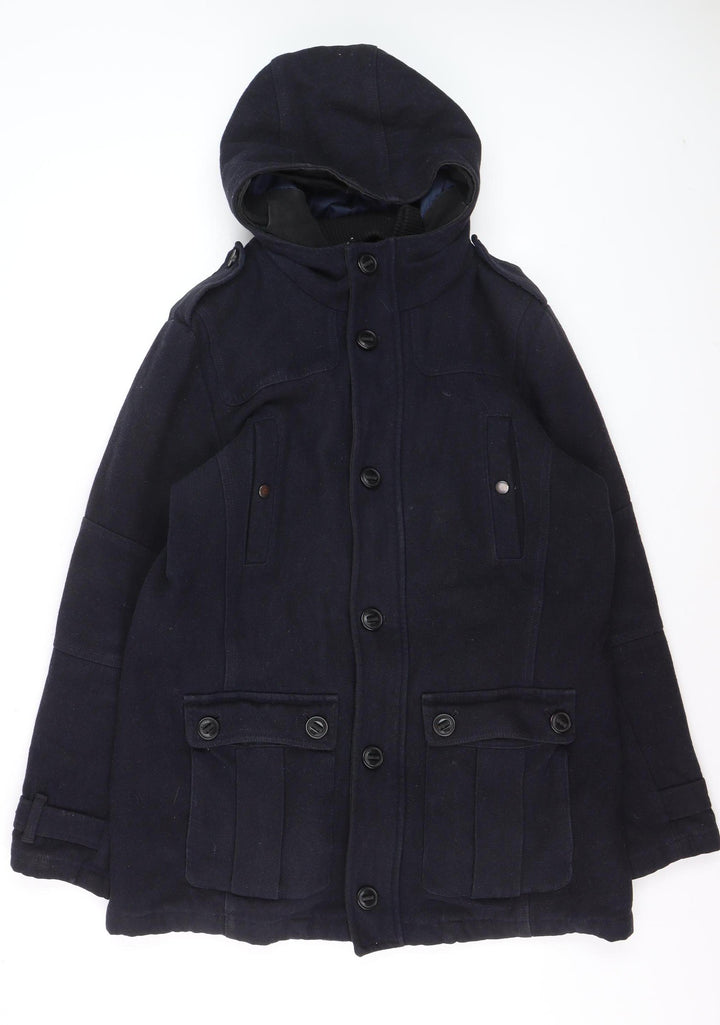 Next Men's Blue Wool Blend Hooded Parka Coat L Regular Fit