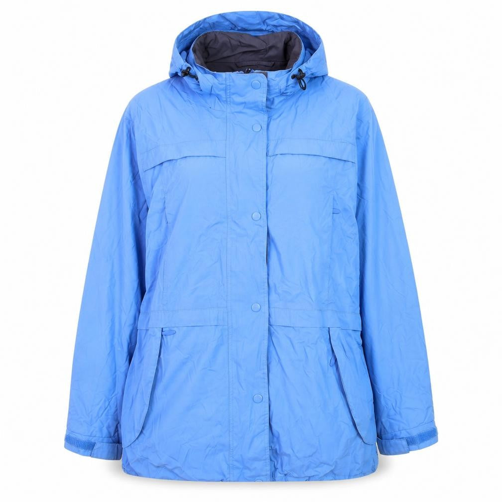 Front view of Jack Murphy Women's Blue Waterproof Hooded Rain Coat UK 14