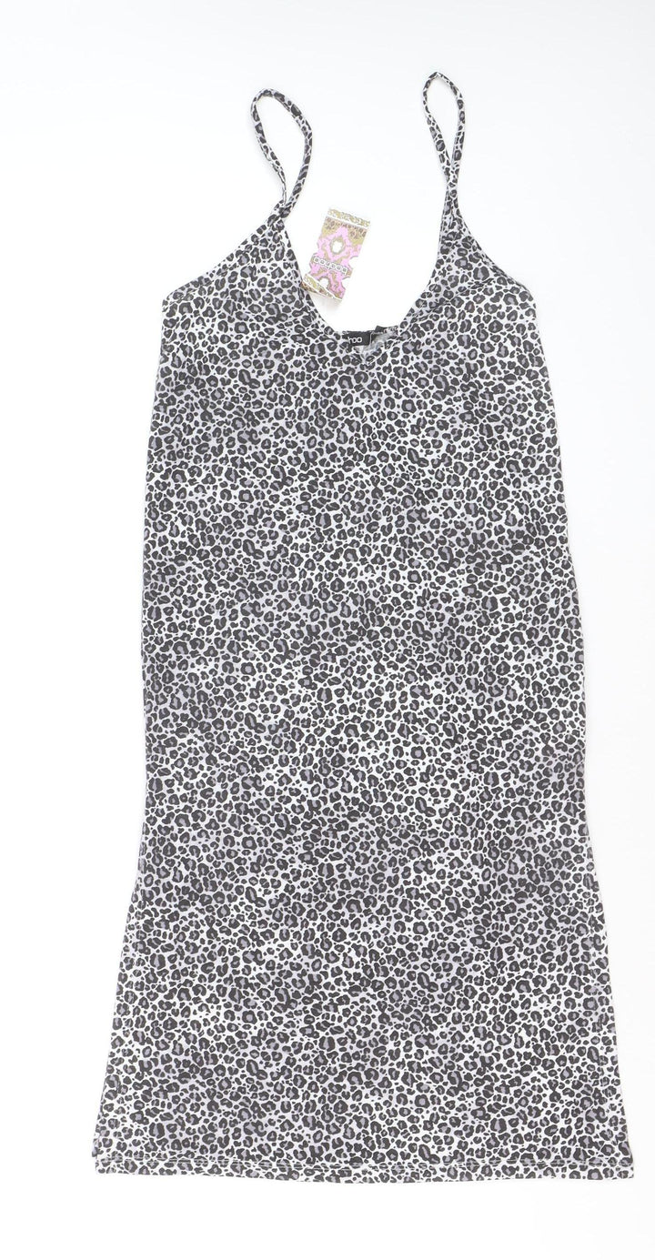 Boohoo Women Black Leopard Print Slip Dress Size 12