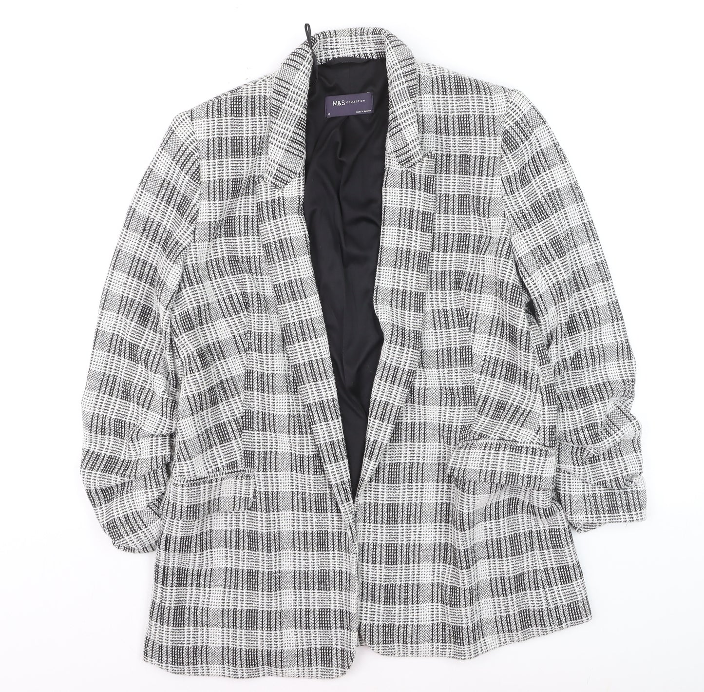 Marks and Spencer Women’s Grey Check Blazer Size 12 Lined Tweed Jacket