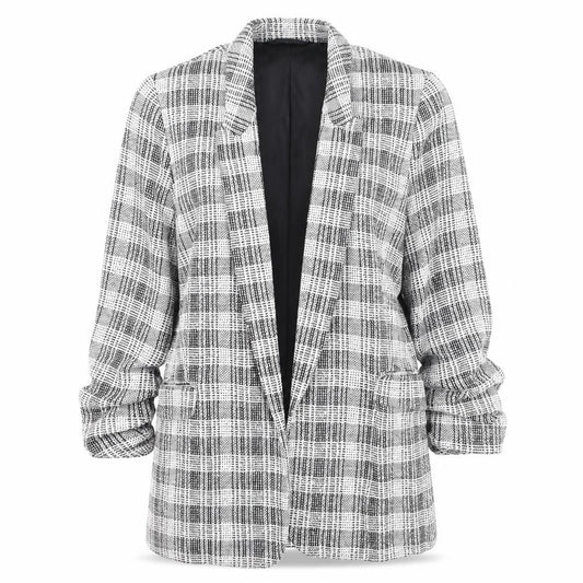 Front view of Marks & Spencer Women’s Grey Check Blazer, size UK 12, Lined Tweed Jacket