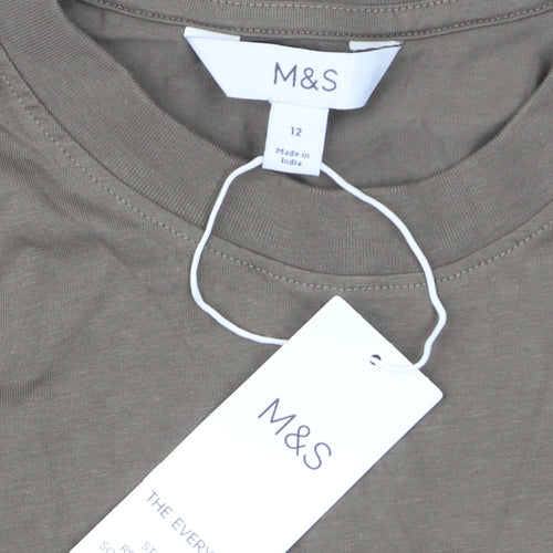 Marks and Spencer Women Brown Long Sleeve Cotton T-Shirt Size 12