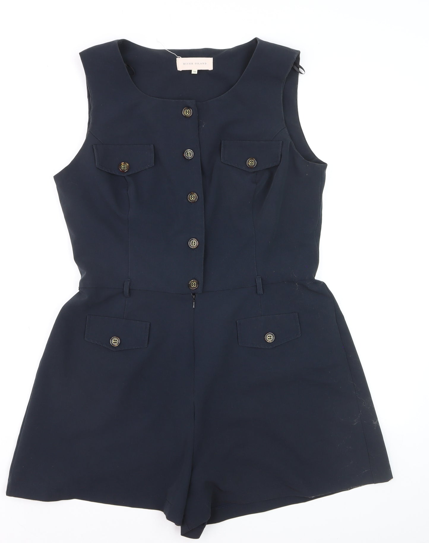 River Island Women's Blue Sleeveless Button Playsuit Size 16