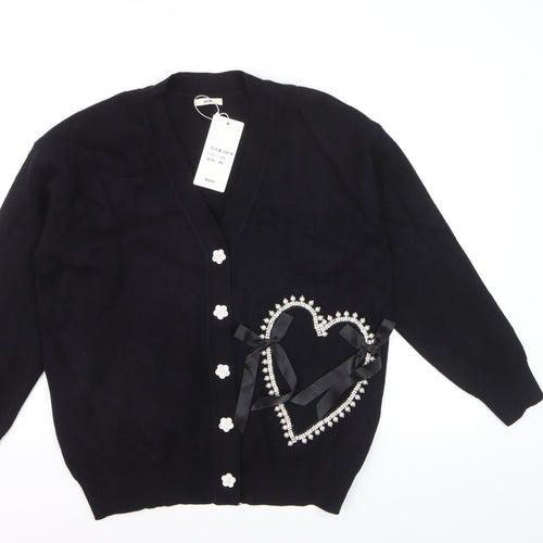 MOEWY Women's Black Beaded Heart Bow V-Neck Cardigan One Size