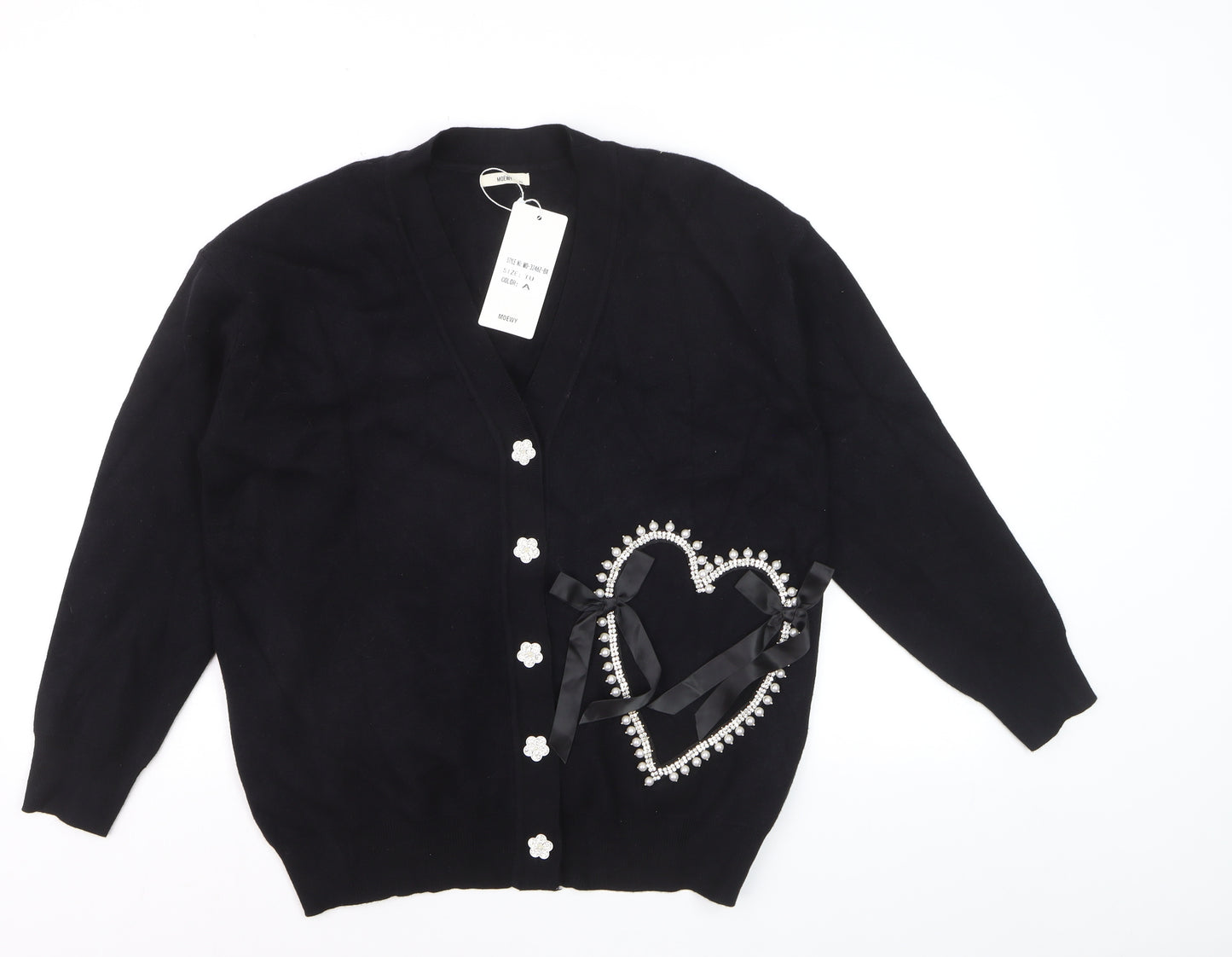 MOEWY Women's Black Beaded Heart Bow V-Neck Cardigan One Size