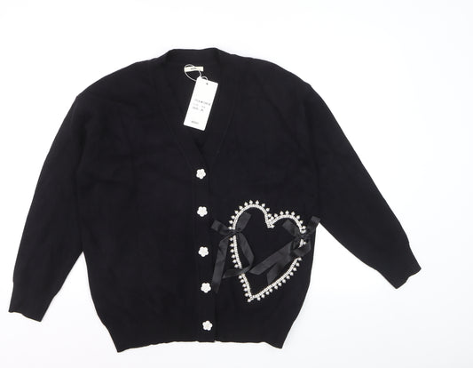 MOEWY Women's Black Beaded Heart Bow V-Neck Cardigan One Size