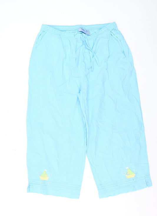 Jane Ashley Women’s Blue Cotton Capri Trousers XL with Embroidery