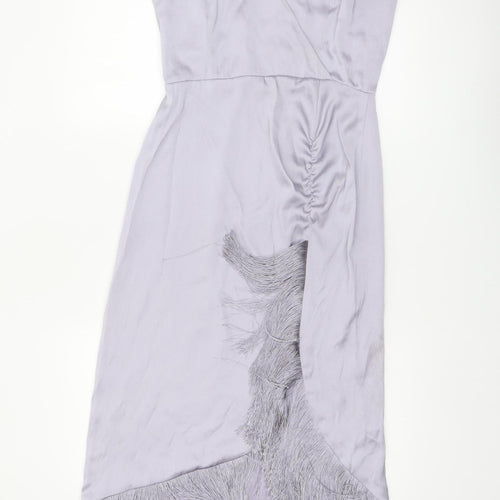 River Island Women’s Silver Satin Slip Midi Dress Size 10 Fringe Detail