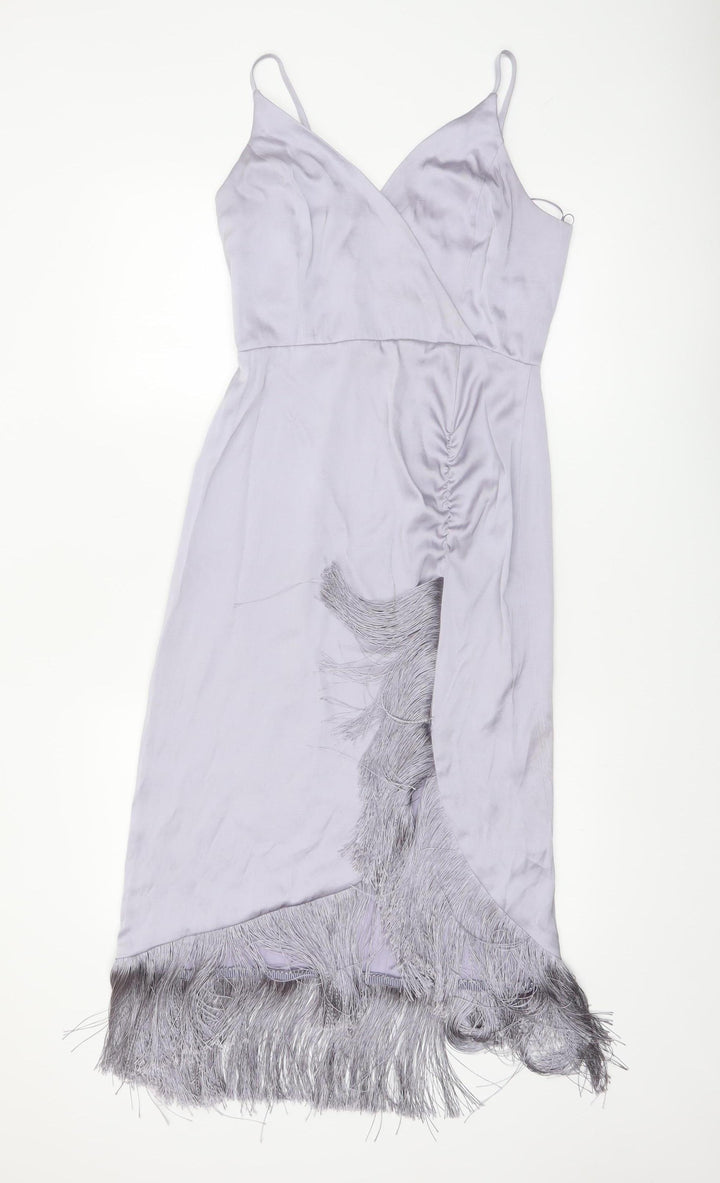 River Island Women’s Silver Satin Slip Midi Dress Size 10 Fringe Detail
