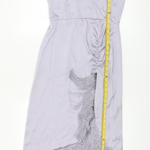 River Island Women’s Silver Satin Slip Midi Dress Size 10 Fringe Detail