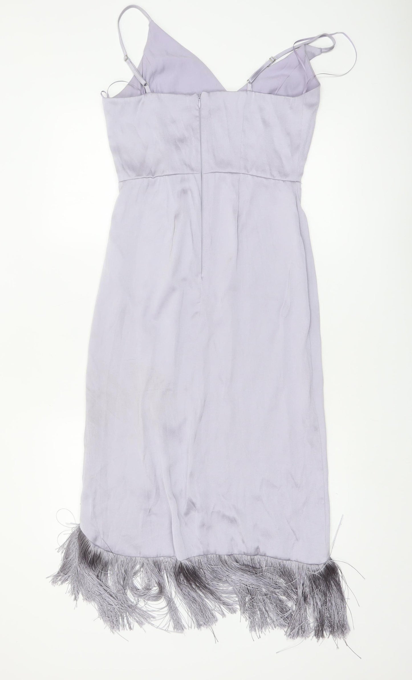 River Island Women’s Silver Satin Slip Midi Dress Size 10 Fringe Detail