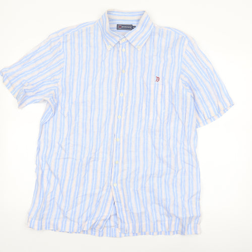 Duffex Men's Blue Striped Linen Short Sleeve Button-Up Shirt XL