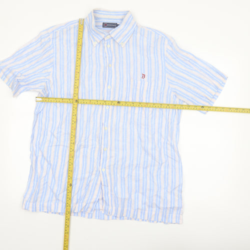 Duffex Men's Blue Striped Linen Short Sleeve Button-Up Shirt XL