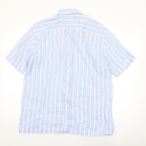 Duffex Men's Blue Striped Linen Short Sleeve Button-Up Shirt XL