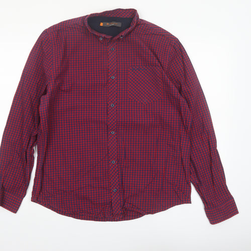 Ben Sherman Men's Red Check Long Sleeve Cotton Button-Up Shirt L