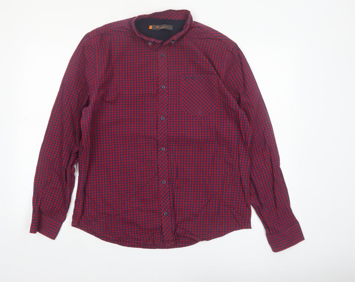 Ben Sherman Men's Red Check Long Sleeve Cotton Button-Up Shirt L