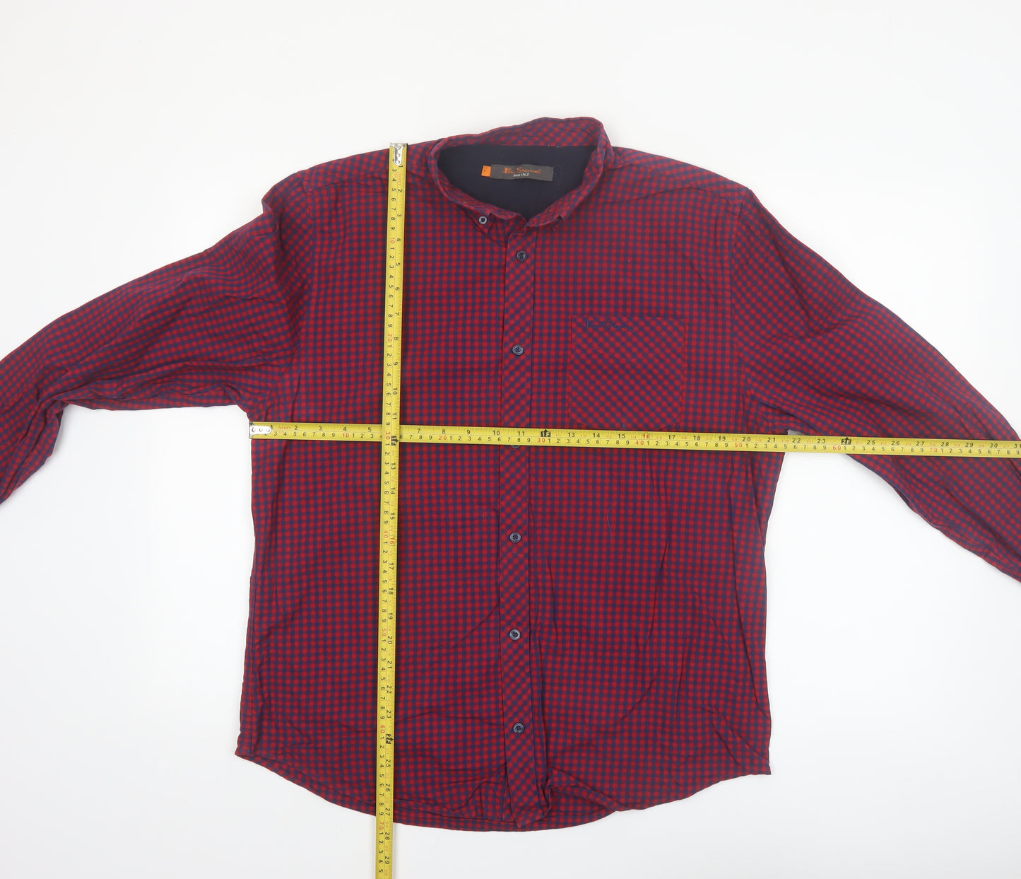 Ben Sherman Men's Red Check Long Sleeve Cotton Button-Up Shirt L