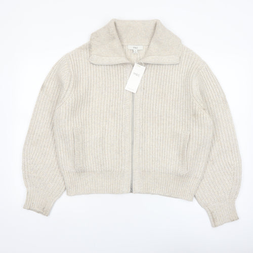 Marks and Spencer Women’s Beige Collared Full Zip Chunky Knit Jumper M