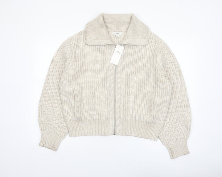 Marks and Spencer Women’s Beige Collared Full Zip Chunky Knit Jumper M