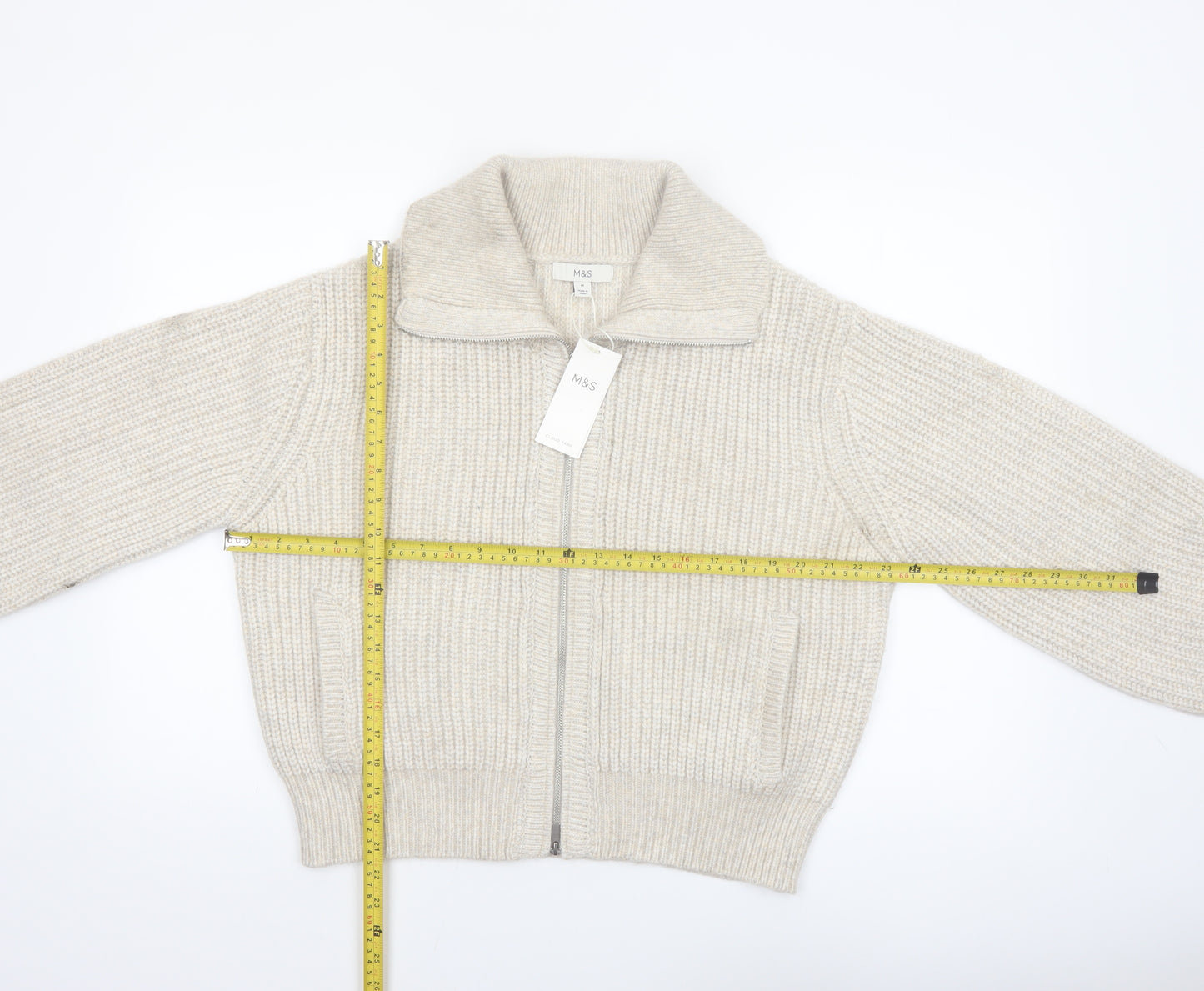 Marks and Spencer Women’s Beige Collared Full Zip Chunky Knit Jumper M