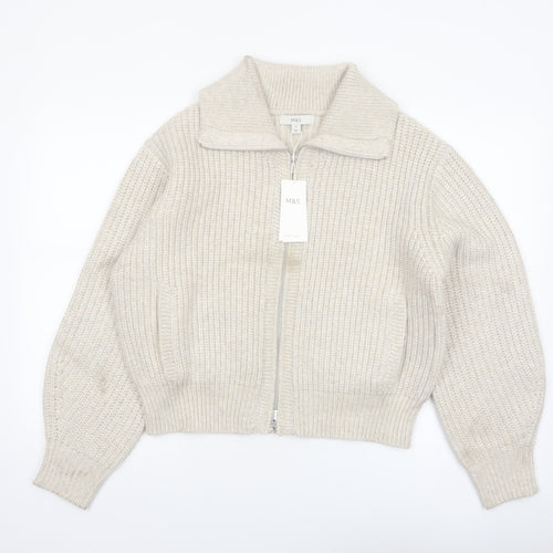 Marks and Spencer Women's Beige Collared Full Zip Chunky Knit Jumper M