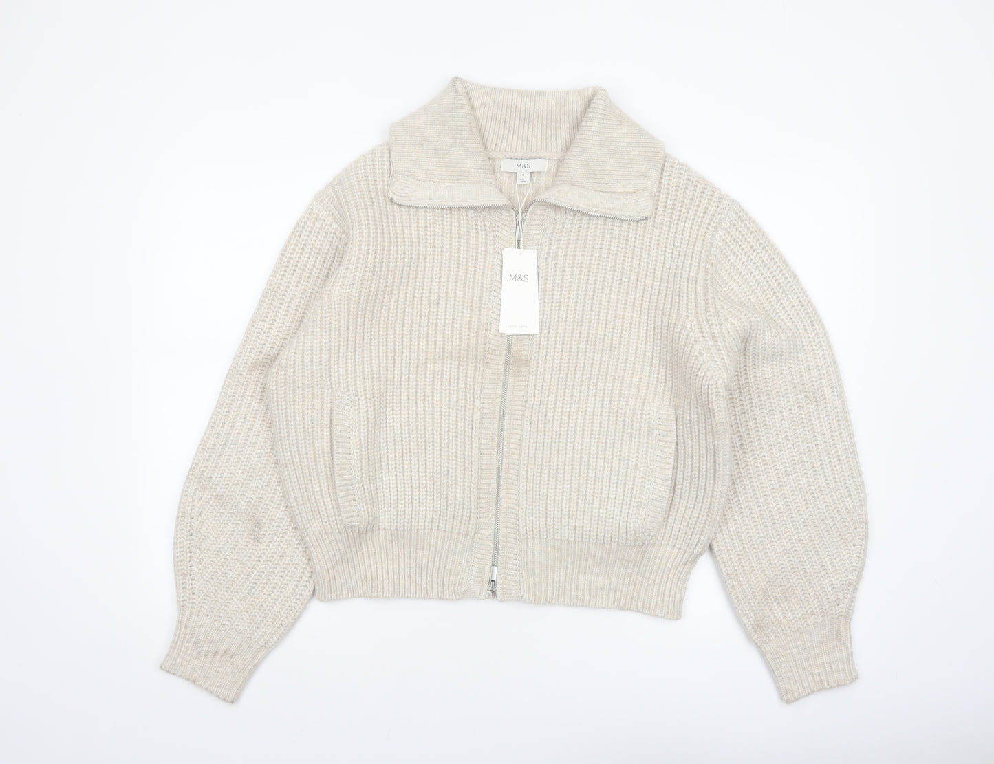 Marks and Spencer Women's Beige Collared Full Zip Chunky Knit Jumper M
