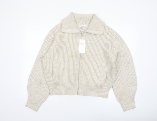 Marks and Spencer Women's Beige Collared Full Zip Chunky Knit Jumper M