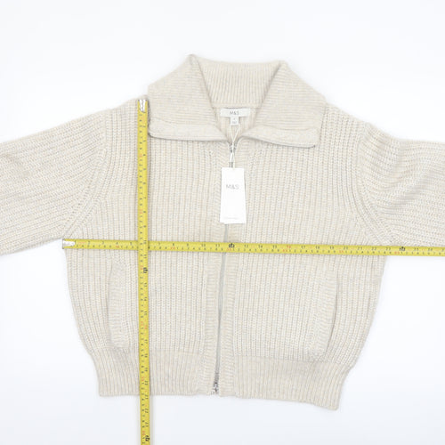 Marks and Spencer Women's Beige Collared Full Zip Chunky Knit Jumper M