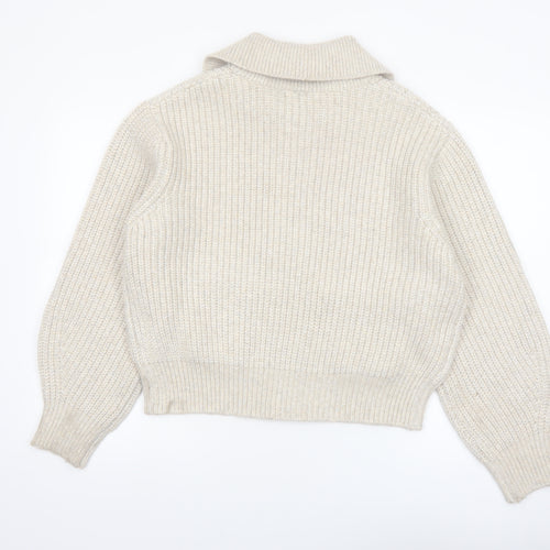 Marks and Spencer Women's Beige Collared Full Zip Chunky Knit Jumper M