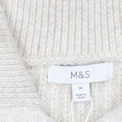 Marks and Spencer Women's Beige Collared Full Zip Chunky Knit Jumper M
