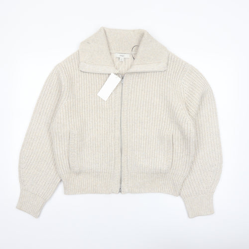 Marks and Spencer Women Beige Collared Full Zip Knit Jumper M